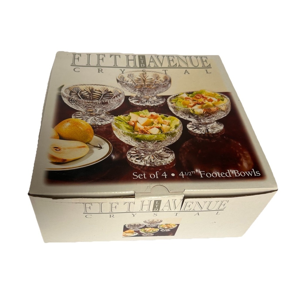 Fifth Avenue Portico Crystal Set Of 4 Footed Dessert Bowls 4.5" NIB Lead Crystal